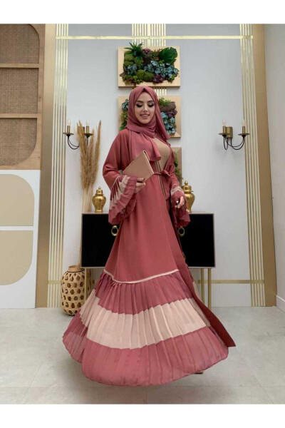 Two-Tone Belted Pleated Abaya with Sleeves and Hem 7454 Rose Quartz - 3