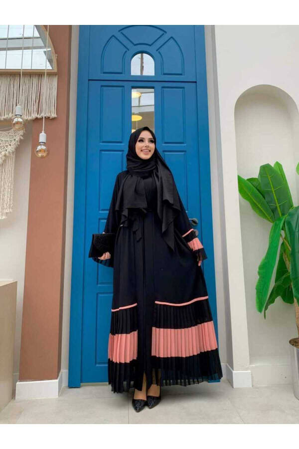 Two-Tone Pleated Abaya with Belt 7454 Black-Powder - 1