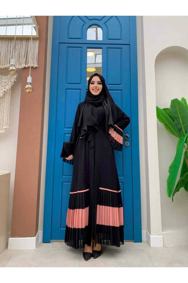 Two-Tone Pleated Abaya with Belt 7454 Black-Powder - 2