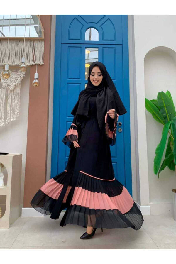 Two-Tone Pleated Abaya with Belt 7454 Black-Powder - 3