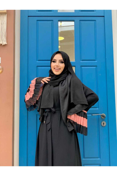 Two-Tone Pleated Abaya with Belt 7454 Black-Powder - 4