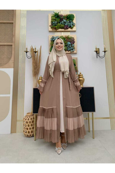 Two-Tone Pleated Abaya with Belt 7454 Visone - 1