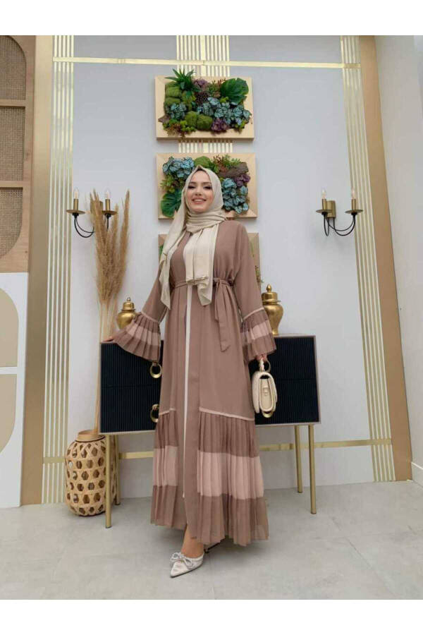 Two-Tone Pleated Abaya with Belt 7454 Visone - 2