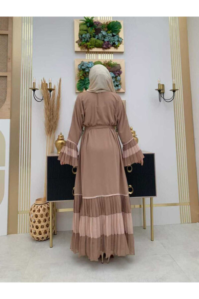 Two-Tone Pleated Abaya with Belt 7454 Visone - 3