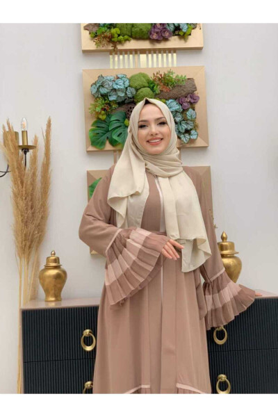 Two-Tone Pleated Abaya with Belt 7454 Visone - 4