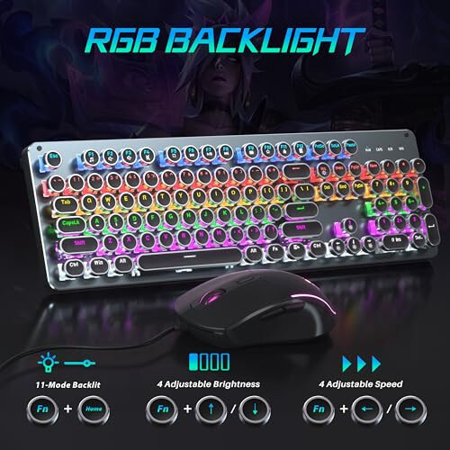 Typewriter Mechanical Gaming Keyboard and Mouse, Metal Panel Retro Keyboard with Round Keycap Blue Switch, RGB Backlit 104 Keys Anti-Ghost Wired Keyboard Mouse and Pad Combo for PC Laptop Mac Gamer - 5