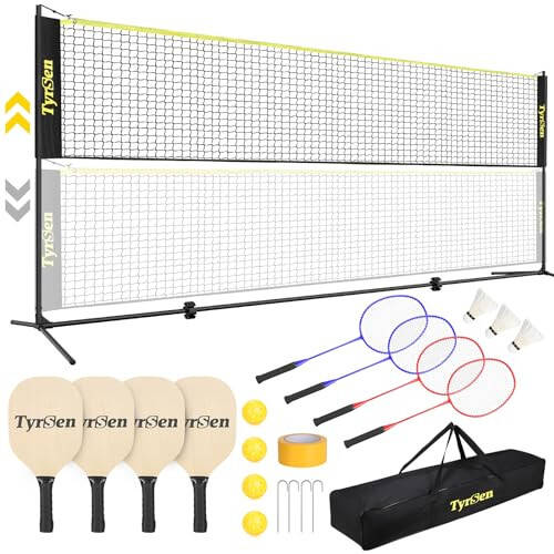 TYRSEN Taşınabilir Pikap ve Badminton Ağı Seti, 17FT Ayarlanabilir Yüksekliklerde Hepsini Bir Arada Ağ 4 Pikap Raket ve 4 Badminton Raket ile, Bahçe Aile Sporları İçin Serbest Durumlu Pikap ve Badminton Ağı - 1