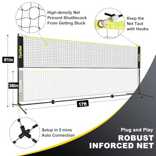 TYRSEN Taşınabilir Pikap ve Badminton Ağı Seti, 17FT Ayarlanabilir Yüksekliklerde Hepsini Bir Arada Ağ 4 Pikap Raket ve 4 Badminton Raket ile, Bahçe Aile Sporları İçin Serbest Durumlu Pikap ve Badminton Ağı - 3