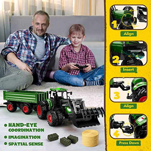 Uarzt Remote Control Tractor Toy, Kids RC Tractor Set & Truck and Trailer Front Loader - Metal Car Head/8 Wheel/Light, Toddlers Farm Vehicle Toys for 3 4 5 6 7 8 9 Year Old Boys Girls Birthday Gift - 2