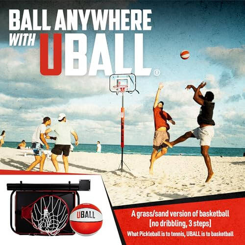 UBALL Lite | Ультрапортативная уличная баскетбольная стойка | Играйте на пляже, траве, у автомобиля | Установка за минуты | Регулируемая по высоте с полным размером обода | Дворовые игры для детей и взрослых | В комплекте игровой мяч - 2