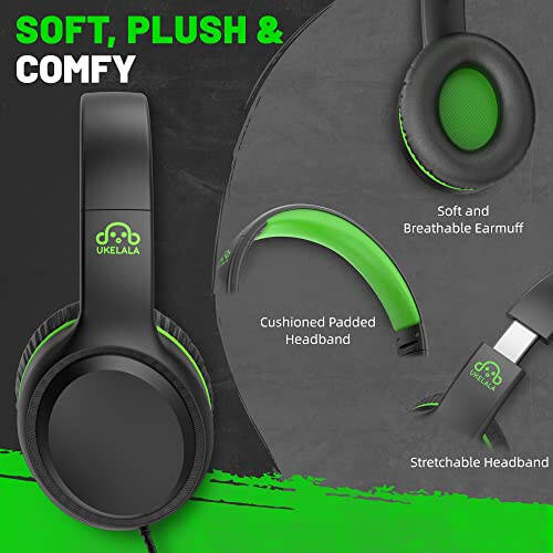 UKELALA Green Wired Headphones for Boys Portable On Ear Youth Headphones for School Airplane Travel Lightweight Portable Compatible with Pad Computer Laptop for Adults Student Children Girls Kids - 2