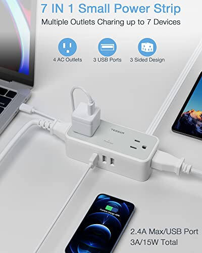 Ultra İnce 5FT Düz Uzatma Kablosu, TESSAN Dalgalanma Koruyucu Düz Fişli Priz 4 Geniş Aralıklı AC Çıkış 3 USB, 900 Joule Koruma, Ev Ofis Yurt Odası İçin Uygun - 4