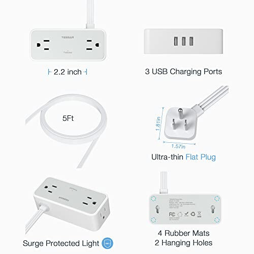 Ultra İnce 5FT Düz Uzatma Kablosu, TESSAN Dalgalanma Koruyucu Düz Fişli Priz 4 Geniş Aralıklı AC Çıkış 3 USB, 900 Joule Koruma, Ev Ofis Yurt Odası İçin Uygun - 6