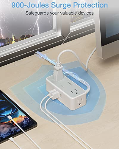 Ultra Thin 5FT Flat Extension Cord, TESSAN Surge Protector Flat Plug Power Strip 4 Wide Spaced AC Outlets 3 USB, 900 Joules Protection, Suitable for Home Office Dorm - 3