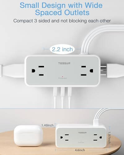 Ultra Thin 5FT Flat Extension Cord, TESSAN Surge Protector Flat Plug Power Strip 4 Wide Spaced AC Outlets 3 USB, 900 Joules Protection, Suitable for Home Office Dorm - 5