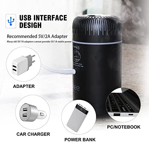 Unee Avtomobil Diffuzori, USB Ulag'iga Ulanadigan 100ml Mini Namlantirish Eslatib O'tuvchi Yog' Difuzori Avtomobil Havo Tozalagich Aromaterapi Diffuzori (Qora) - 4