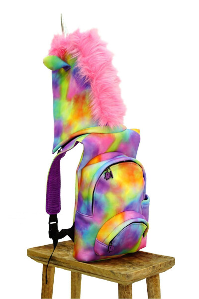 Unicorn Pattern Removable Hooded Colorful Water Bottle Compartment Lightweight Pocket Children's Small School Backpack - 10