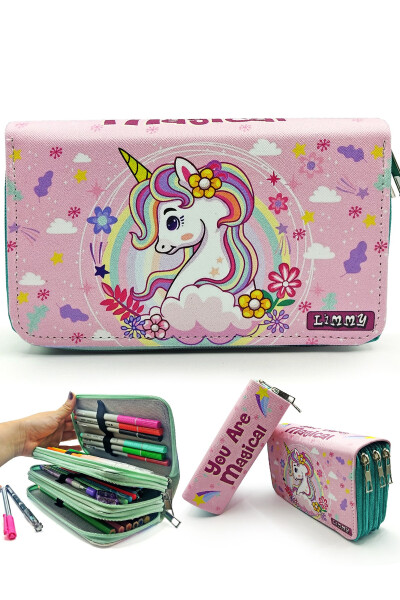 Unicorn Spring Themed Kawai Organizer Pencil Case Vegan Leather Three Compartment Pencil Holder - 1