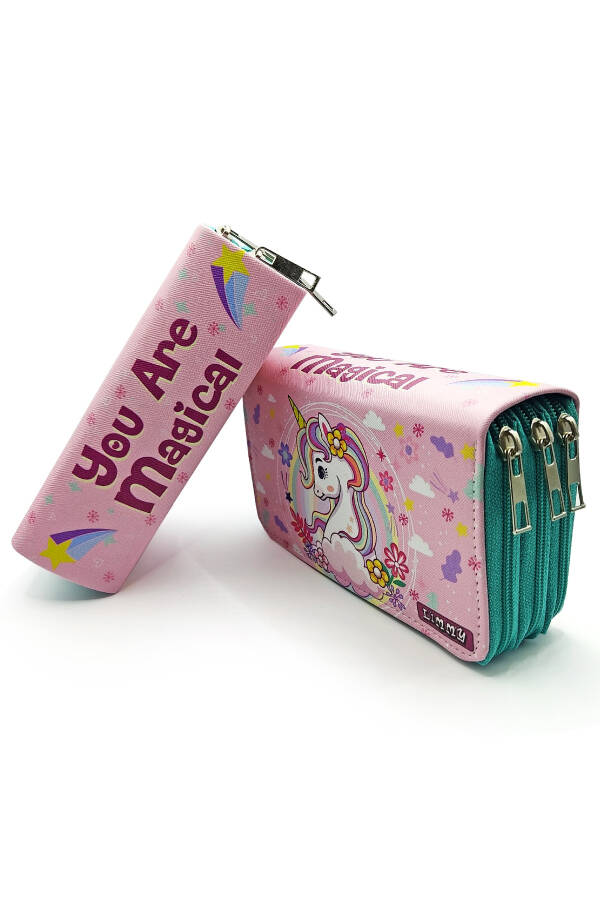 Unicorn Spring Themed Kawai Organizer Pencil Case Vegan Leather Three Compartment Pencil Holder - 2