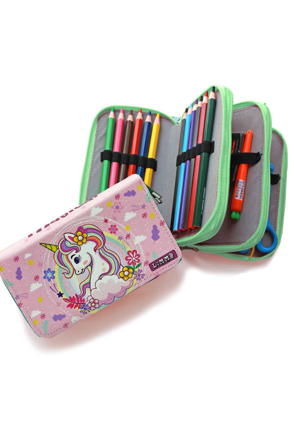 Unicorn Spring Themed Kawai Organizer Pencil Case Vegan Leather Three Compartment Pencil Holder - 3