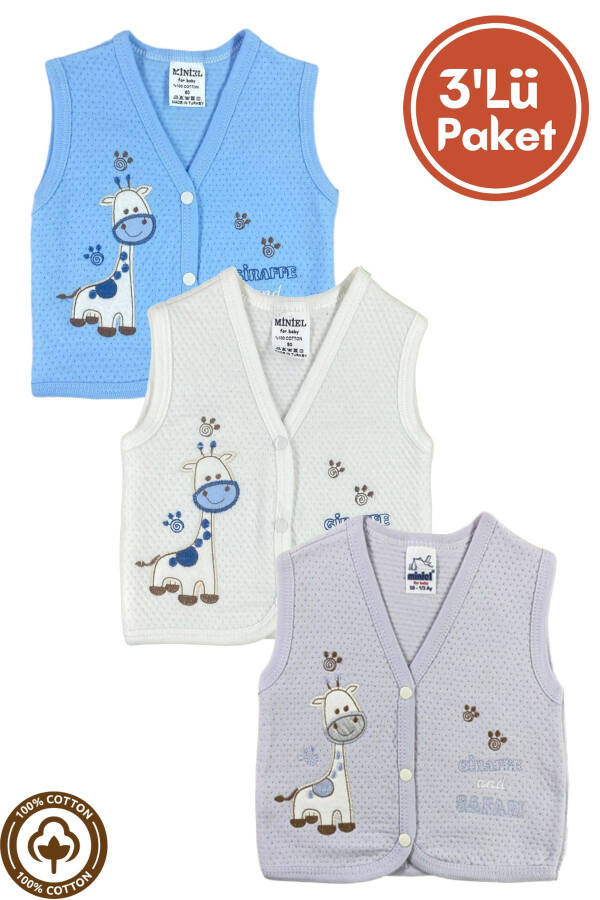 Unisex Baby Giraffe Embroidered Organic Cotton 3-Piece Quilted Vest Set for 3-6-9 Months. - 1