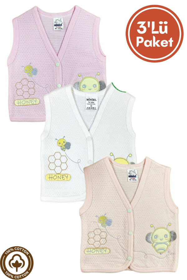 Unisex Baby Vest Set, 3-piece, Quilted, Bee Embroidery, Organic Cotton, 3-6-9 Months - 1