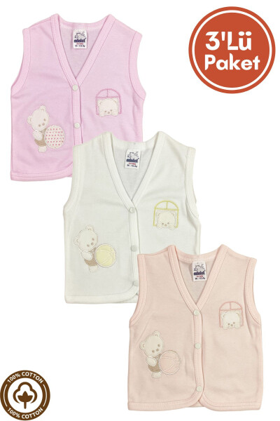 Unisex Baby Vest Set, Organic Cotton, Bear Embroidery, 3-6-9 Months, Pack of 3 - 1