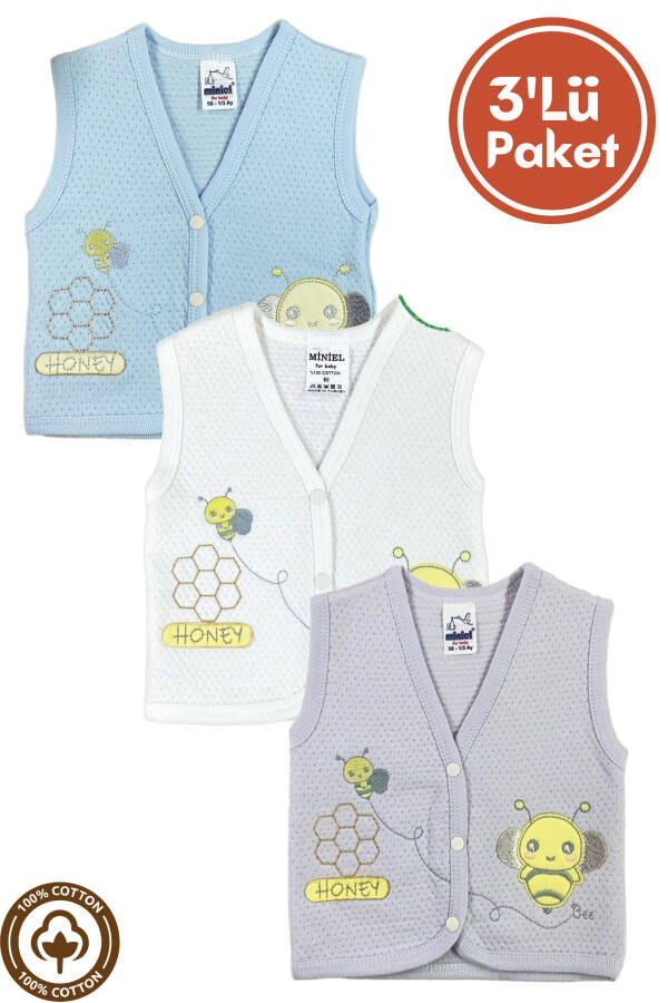 Unisex Baby Vest Set, Organic Cotton, Bee Embroidery, 3-6-9 Months, Quilted - 1