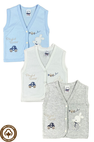 Unisex baby vest set, organic cotton knit, with embroidered rabbit, 3-6-9 months. - 1