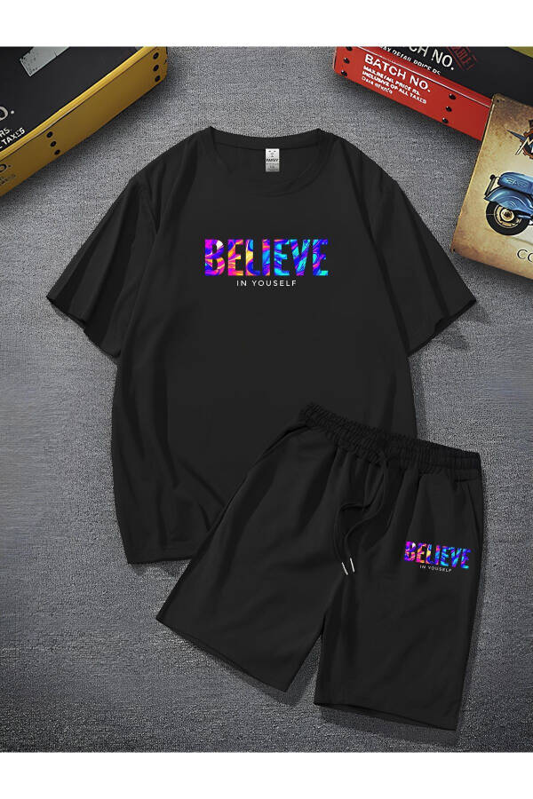 Unisex Believe Baskılı Oversize Bol Kalıp T-shirt Şortlu - Alt Üst İkili Takım - 7