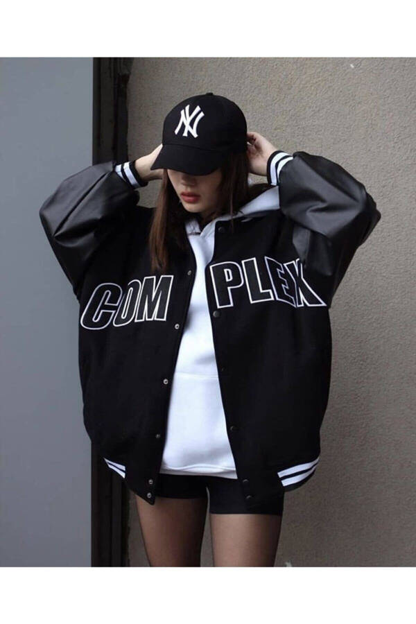 Unisex Complex Leather Sleeve Oversized College Jacket - 1