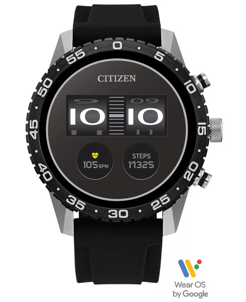 Unisex CZ Smart Watch, Wear OS, Black Silicone Strap, 45mm, Silver-tone - 1