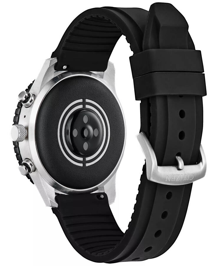 Unisex CZ Smart Watch, Wear OS, Black Silicone Strap, 45mm, Silver-tone - 3