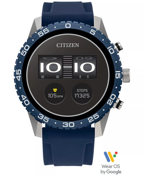 Unisex CZ Smart Watch, Wear OS, Blue Silicone Strap, 45mm, Silver-tone - 1