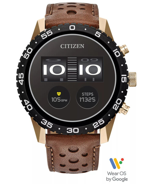 Unisex CZ Smart Wear OS Brown Perforated Leather Strap Smart Watch 45mm Rose Gold-tone - 1