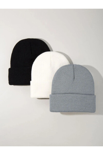 Unisex Foldable Black, White, Gray 3-Pack Beanie Set - 2