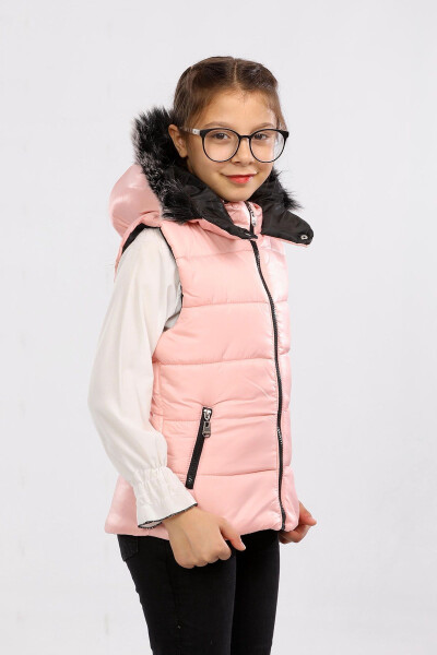 Unisex Fur Hooded Kids Puffer Vest - 1