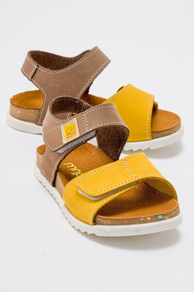 Unisex Kids Grey-Yellow Genuine Leather Cork Sole Children's Sandals - 19