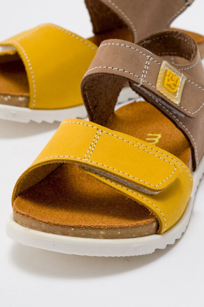 Unisex Kids Grey-Yellow Genuine Leather Cork Sole Children's Sandals - 20