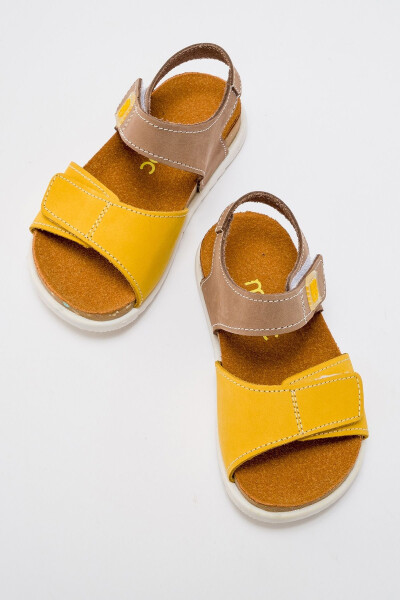 Unisex Kids Grey-Yellow Genuine Leather Cork Sole Children's Sandals - 21