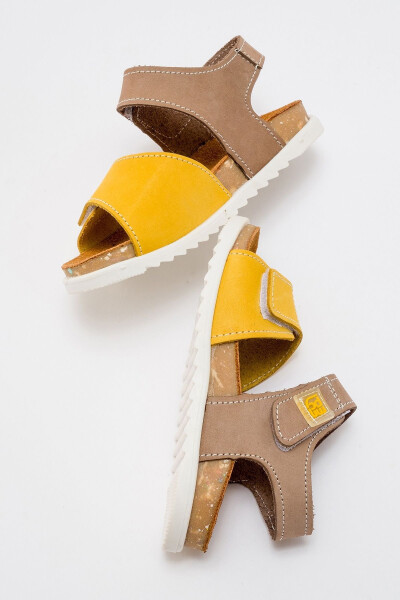 Unisex Kids Grey-Yellow Genuine Leather Cork Sole Children's Sandals - 22