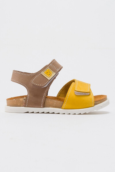 Unisex Kids Grey-Yellow Genuine Leather Cork Sole Children's Sandals - 23