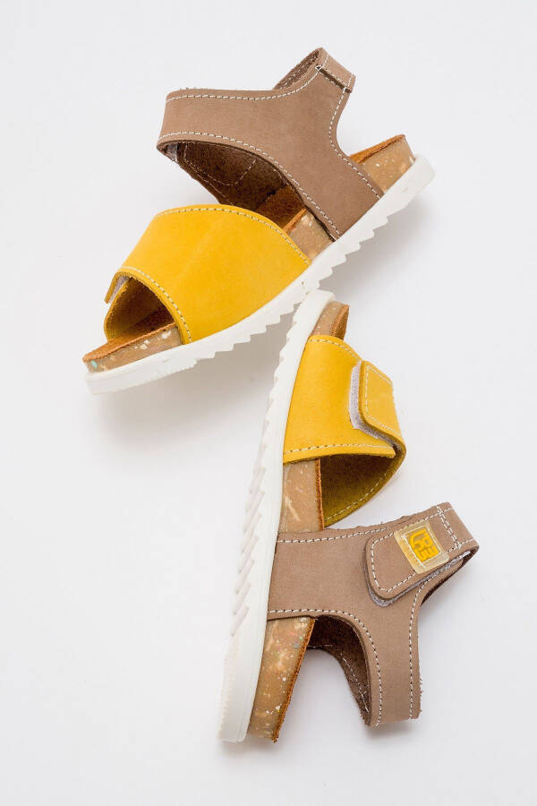 Unisex Kids Grey-Yellow Genuine Leather Cork Sole Children's Sandals - 10