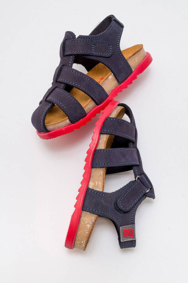 Unisex Kids Navy Genuine Leather Cork Sole Children's Sandals - 16