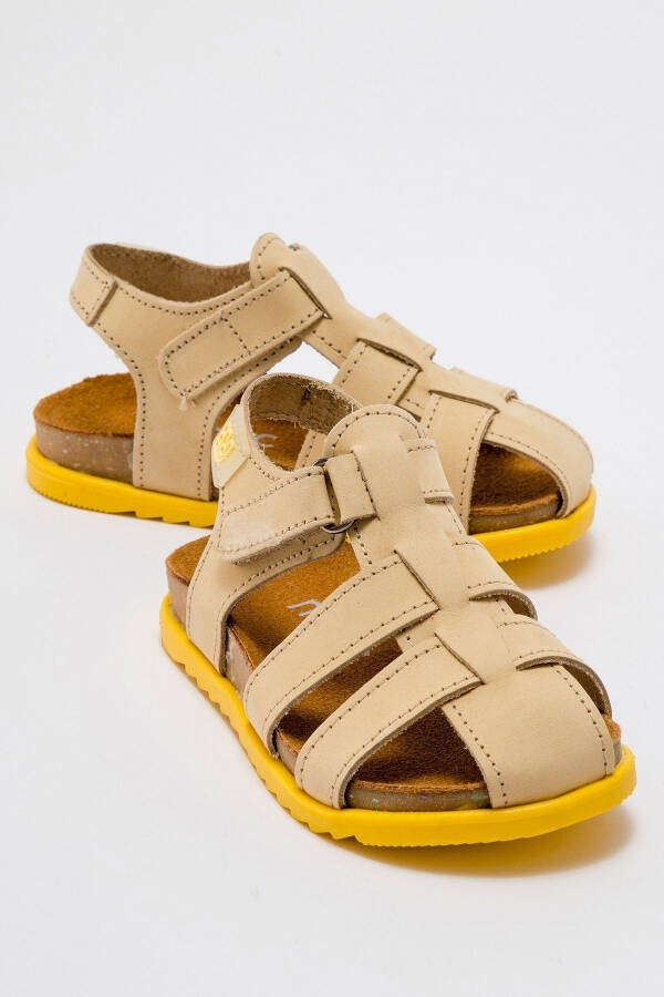 Unisex Kids Open Yellow Genuine Leather Cork Sole Children Sandals - 19