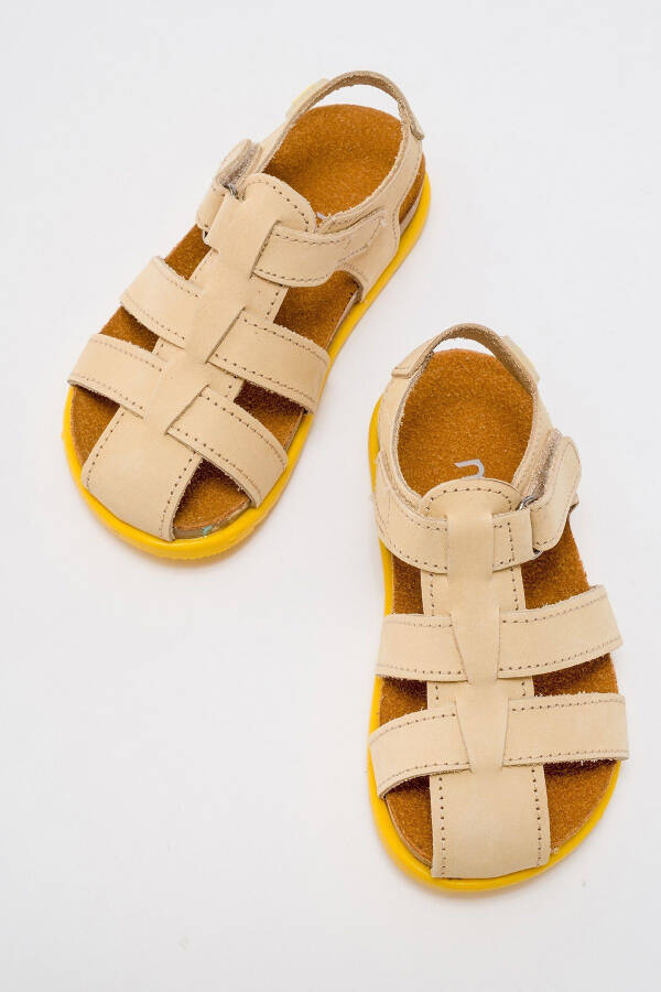 Unisex Kids Open Yellow Genuine Leather Cork Sole Children Sandals - 21