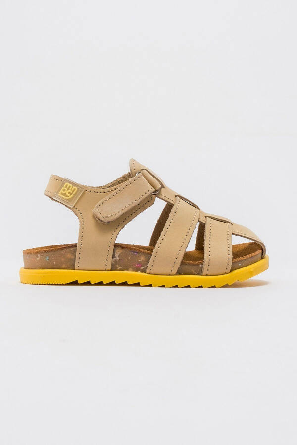 Unisex Kids Open Yellow Genuine Leather Cork Sole Children Sandals - 23