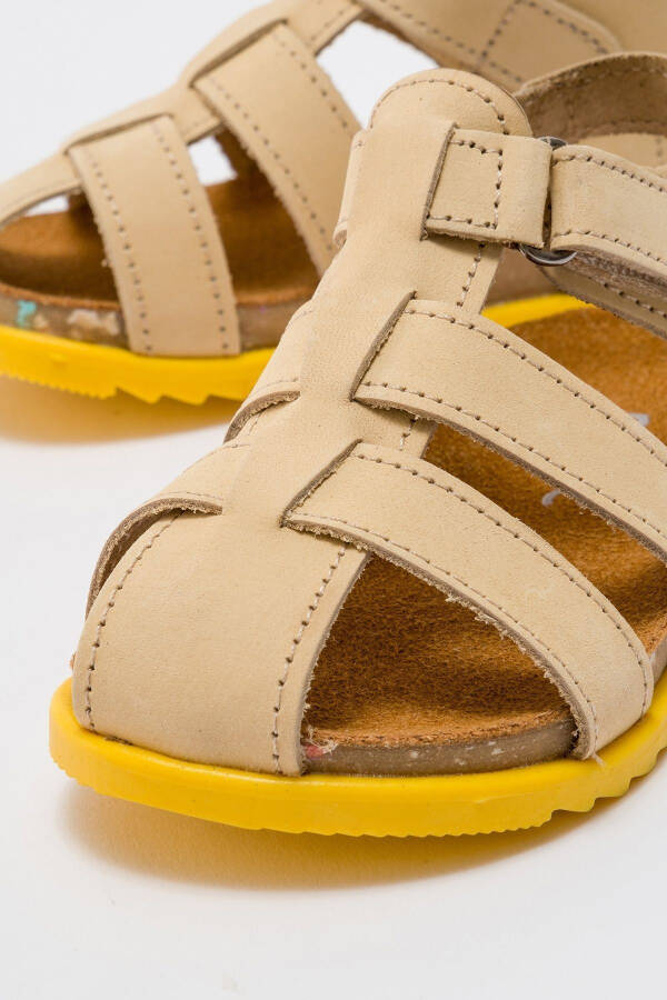 Unisex Kids Open Yellow Genuine Leather Cork Sole Children Sandals - 2