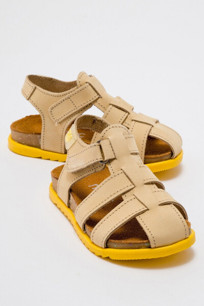 Unisex Kids Open Yellow Genuine Leather Cork Sole Children Sandals - 1