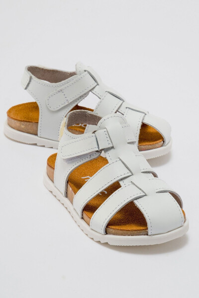 Unisex Kids White Genuine Leather Cork Sole Children's Sandals - 13